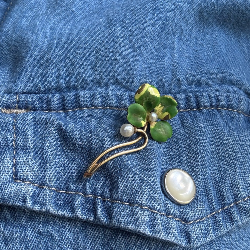 Antique 14k Enamel and Pearl Clover Brooch